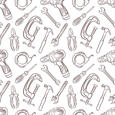 Çizgili sanat aletleri, matkap, çekiç, pense anahtarı ve tornavidayla kusursuz desen. İnşaat onarım atölyesi, mağaza, dükkan, pazar ve endüstriyel tasarım teması için mükemmel