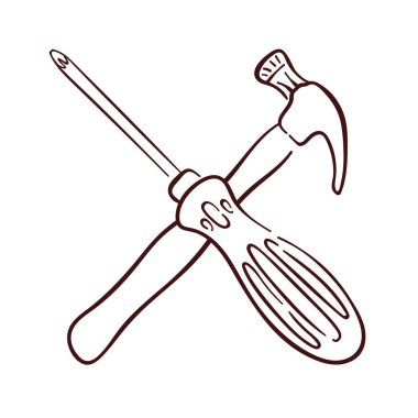 Çekiçle tornavidayı yan yana koymanın çizgisi çizilmiş. Onarım aracı, bakım ve inşaat konsepti beyaz arka planda izole edildi