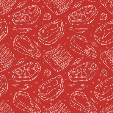 Kırmızı arka planda biftek, kaburga ve baharatlarla kusursuz et kesimleri. Yemek paketleme mangalı ya da kasap dükkanı tasarımı için mükemmel.