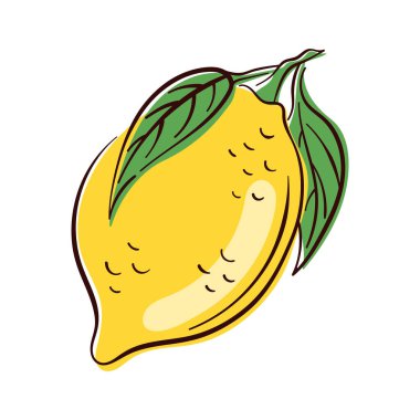 Yeşil yapraklı parlak sarı limon. Yiyecek ambalajı, yaz baskısı, sağlıklı yaşam tarzı ürünü, organik markalaşma, narenciye tasarımı ve doğal temalı illüstrasyon için mükemmel.