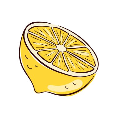Açık sarı limon yarısı ve beyaz arka planda düz stil. Gıda, içecek, sağlık ve yaz temalı tasarım için ideal