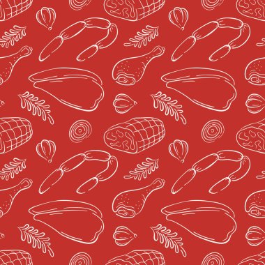 Et ürününün kusursuz çizgisi. Sosis, but ve kırmızı arka planda bitkiler de dahil. Kasap ambalajı, meze menüsü ya da mutfak tasarımı için mükemmel.