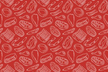 Çizgili sanat tarzı et kesimi, sosis, kaburga, jambon, pastırma ve kırmızı arka planda but. Kasap dükkanı, yiyecek ambalajı ya da mutfak teması tasarımı için ideal