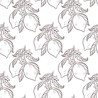 Çizgisiz desenli sanat tarzı limon, yaprak ve çiçek. Kumaş baskısı, ambalaj, duvar kağıdı, yaz tasarımı ve taze meyve temalı proje için mükemmel.