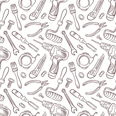 Sanat tarzında tamir aletleri olan kusursuz desen. Matkapla arka plan, boya silindiri, mezura, tel kesici, alet bıçağı, İngiliz anahtarı. Bir inşaat mağazası için tasarım