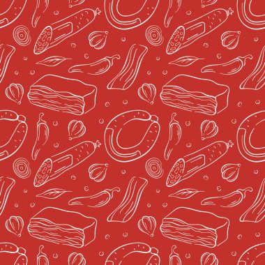 Kırmızı arka planda kusursuz sosis, pastırma ve salam deseni. Markalaşma, kasap dükkanı tasarımı ve restoran menüsü için mükemmel.