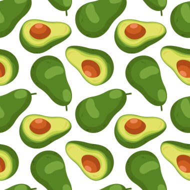 Çizgi film tarzında avokado kusursuz desen. Avokado beyaz arka planda kemikle ikiye bölünmüş.