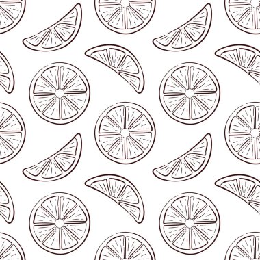 Beyaz arka planda çizgili limon dilimleri olan kusursuz bir desen. Sağlıklı gıda ambalajı, mutfak, tekstil, yaz tasarımı ve turunçgiller için mükemmel.
