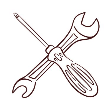 Beyaz arkaplanda izole edilmiş çapraz tornavida ve ingiliz anahtarı çizgisi çizimi. Tamir servisi, tamirci inşaatı veya bakım konsepti için mükemmel