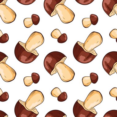 Çocuk tekstil ve dekor tarzında kusursuz mantar boletus deseni. Duvar kağıdı, tekstil, ambalaj, kumaş için dekoratif fon. Vektör illüstrasyonu.
