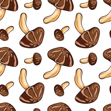 Şiitake mantarlı kusursuz desen karikatür çizgisi sanat tarzında. Ambalaj kağıdı, duvar kağıdı, tekstil, arka plan için. Beyaz arkaplanda vektör illüstrasyonu