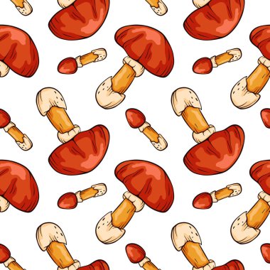 Çizgi film çizgisi tarzında Sezar mantarlı kusursuz desen. Ambalaj kağıdı, duvar kağıdı, tekstil, arka plan için. Beyaz arkaplanda vektör illüstrasyonu