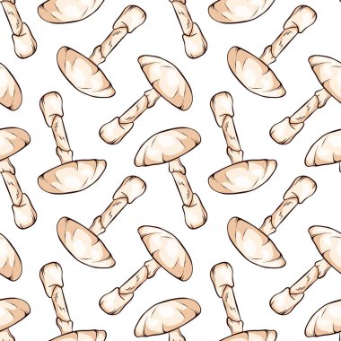 Çizgi filmlerdeki gibi kusursuz bir çizgi roman deseni. Yenilmez mantar. Mantar dokusu tasarımı, ambalaj, etiket. Beyaz arkaplanda izole edilmiş vektör illüstrasyonu