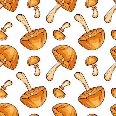 Autumn Skullcap yenilemez mantarlar çizgi filmlerde kusursuz desenler, çizgi sanatı tarzı. Paket kağıdı, kumaş, tasarım için desen. Beyaz arkaplanda vektör illüstrasyonu
