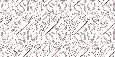 Kusursuz çizgili sanat tarzı yapı ve tamir aletleri. Kerpeten, anahtar, eldiven, testere de dahil. Arkaplan, ambalaj ve DIY temalı tasarım için ideal