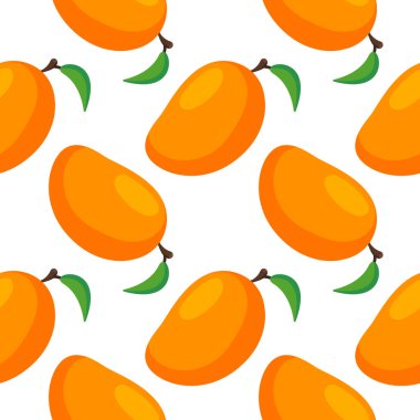 Beyaz arka planda yeşil yapraklı mango meyveli kusursuz desen çizgi film tarzında. Davetiye, tebrik kartı, hatıra defteri, baskı, hediye paketi, imalat için tasarım