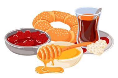 Ballı lezzetli Türk Kahvaltısı, geleneksel çay, karikatür tarzında çilek reçeli. Resimler beyaz arkaplanda izole edildi