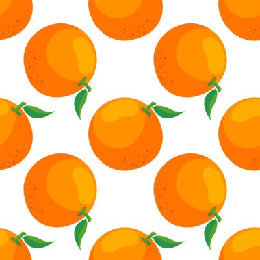 Kusursuz turuncu meyve desenli, beyaz arka planda yeşil yapraklı çizgi film tarzında. Citrus tasarımı kumaş ambalajı, duvar kağıdı ve mutfak dekorasyonu için mükemmel, renkli sulu ve taze illüstrasyon