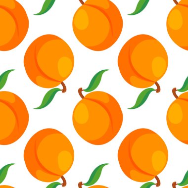Kusursuz şeftali desenli, beyaz arka planda yeşil yapraklı çizgi film tarzında. Tatlı canlı yaz tasarımı kumaş, duvar kağıdı, mutfak dekorasyonu, sağlıklı, doğal ve sulu yemek çizimleri için idealdir.
