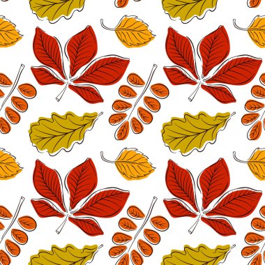 Sonbahar ormanı sanat tarzında kusursuz bir desen bırakır. Sonbahar sezonu arka plan tasarımı düz stil. Selamlama, davetiye, ambalaj kağıdı, tekstil için mükemmel