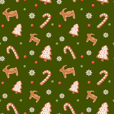 Noel ve yeni yıl için zencefilli kurabiyeli kusursuz desen. Çizgi film tarzında bayram kış sembolü. Şenlik ikramı. Kış ev yapımı tatlılar. Vektör illüstrasyonu