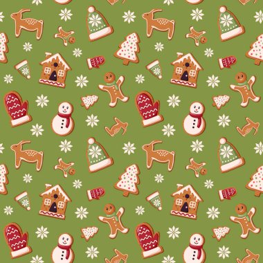 Noel için zencefilli kurabiye ve çizgi film tarzında yeni yıl için kusursuz desen. Tatil kış sembolü. Şenlik ikramı. Noel kurabiyeleri. Vektör illüstrasyonu