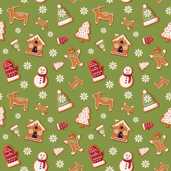 Noel için zencefilli kurabiye ve çizgi film tarzında yeni yıl için kusursuz desen. Tatil kış sembolü. Şenlik ikramı. Noel kurabiyeleri. Vektör illüstrasyonu