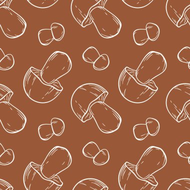 Kahverengi arka planda kusursuz çizgili Porcini mantar deseni. Organik gıda ambalajı, sonbahar teması, orman ürünü ve mutfak veya botanik tasarımı için ideal.