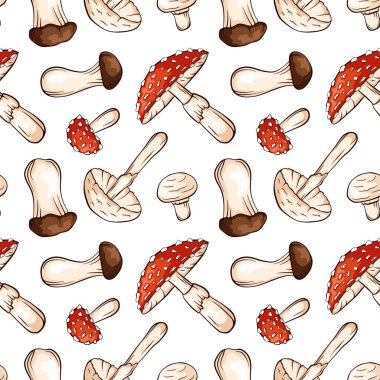 Beyaz arka planda çizgi film tarzında renkli mantarlı kusursuz desen. Trompet, Fly Agaric, Yok Eden Melek, Şampiyon. Gıda tasarımı, doğal ambalaj, kumaş veya mutfak dekorasyonu için mükemmel.