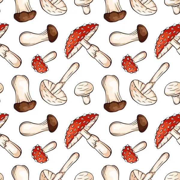 Beyaz arka planda çizgi film tarzında renkli mantarlı kusursuz desen. Trompet, Fly Agaric, Yok Eden Melek, Şampiyon. Gıda tasarımı, doğal ambalaj, kumaş veya mutfak dekorasyonu için mükemmel.