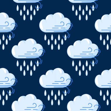 Yağmur bulutu, rüzgar ve yağmur damlalarıyla kusursuz desen. Çizgi film tarzında. Hava tahmini, tekstil, ambalaj kağıdı ya da çocuk tasarımı için mükemmel