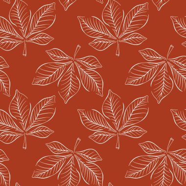 Kestane güz yaprakları sanat tarzında pürüzsüz bir desen. Mevsimlik duvar kağıdı tasarımı, kırmızı arkaplan paketi