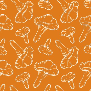 Chanterelle mantarı sanat tarzında kusursuz desen. Turuncu arka planda ambalaj kağıdı, kumaş ve duvar kağıdı için sonbahar tasarımı