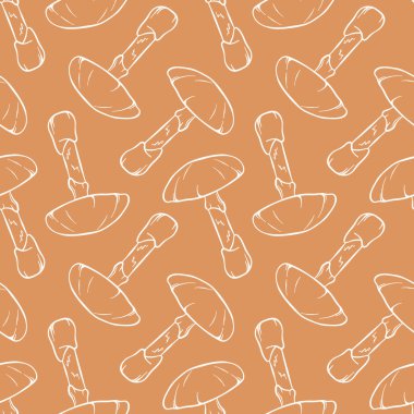 Ölüm kapsülü mantarı sanat tarzında kusursuz desen. Bej arkaplanda mantar dokusu tasarımı, ambalaj, etiket