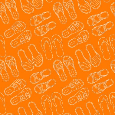Turuncu arka planda çeşitli yaz sandaletlerinin kusursuz deseni. Moda tekstili, plaj aksesuarları paketleme ve sıcak hava tanıtım tasarımı için mükemmel.