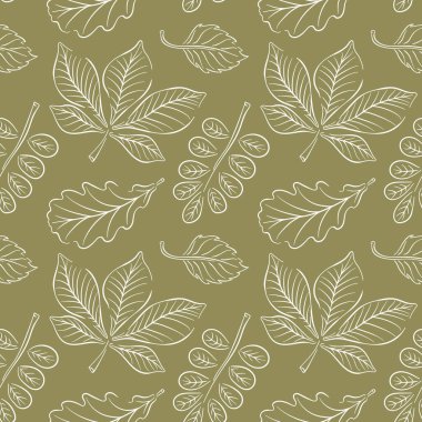 Sonbahar ormanı yeşil arka planda sanat tarzında kusursuz desenler bırakır. Kestane, akasya, meşe ağacı, kumaş, duvar kağıdı, ambalaj kağıdı ve sonbahar dekorasyon projesi için huş ağacı arka plan tasarımı