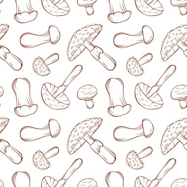 Kusursuz desenli, beyaz arka planda mantarlı sanat tarzı. Trompet, Fly Agaric, Yok Eden Melek, Şampiyon. Gıda tasarımı, doğal ambalaj, kumaş veya mutfak dekorasyonu için mükemmel.