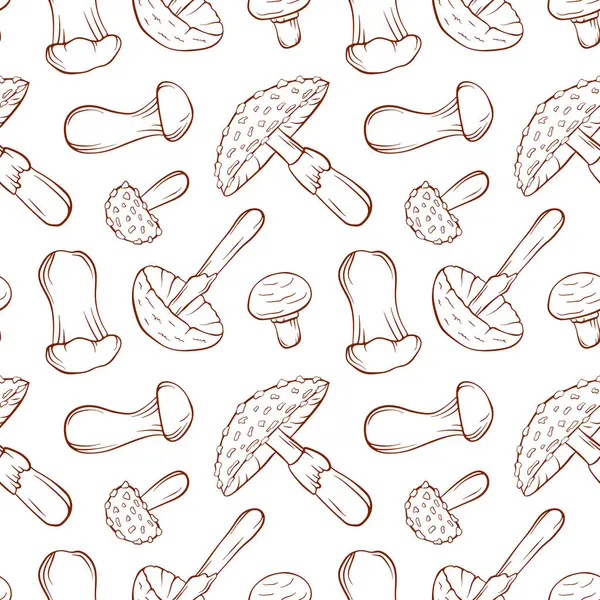 Kusursuz desenli, beyaz arka planda mantarlı sanat tarzı. Trompet, Fly Agaric, Yok Eden Melek, Şampiyon. Gıda tasarımı, doğal ambalaj, kumaş veya mutfak dekorasyonu için mükemmel.