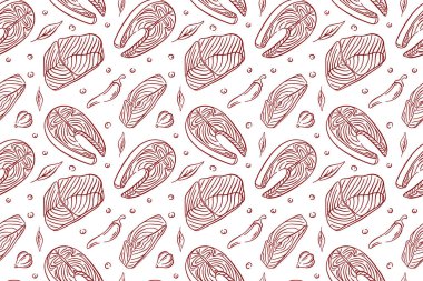 Kusursuz deniz ürünleri desenli, beyaz arka planda çizgili balık, somon balığı bifteği, kırmızı biber, sarımsak ve otlar. Mutfak ambalajı, restoran menüsü ve duvar kağıdı tasarımı için mükemmel.