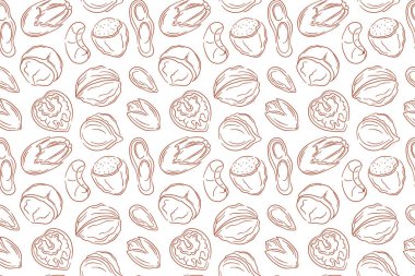 Sanat tarzında kusursuz fındık deseni. Badem, ceviz, ceviz, fındık, macadamia, ceviz, fıstık ve şam fıstığı. Yiyecek ambalajı, organik atıştırmalık ve mutfak dekorasyonu için mükemmel.
