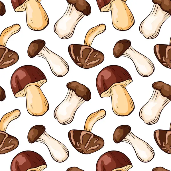 Beyaz arka planda çizgi film mantarı olan kusursuz bir desen. Boletus, Trompet, Shiitake gıda ambalajı, mutfak tekstili veya sonbahar mevsimsel tasarımı için çizim