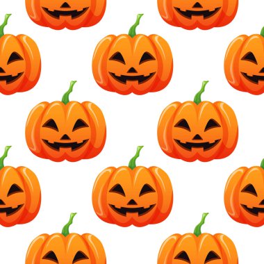 Kusursuz bir Cadılar Bayramı deseni. Beyaz arka planda çizgi film şeklinde oyulmuş bir balkabağı. Mevsimlik ambalaj kağıdı, şenlikli dekor ve ürkütücü sonbahar tatili tasarımı için mükemmel.