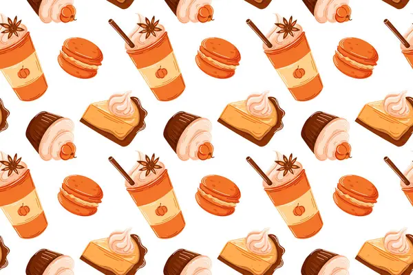 Çeşitli balkabağı şekilli kusursuz desenler pasta dilimi, kek ve karikatür tarzında balkabağı aromalı kahve. Sonbahar veya Şükran Günü için tasarım, paket, arkaplan ve mutfak duvar kağıdı tasarımı