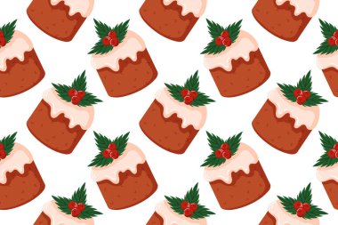 Üzerinde beyaz krema, kutsal yapraklar ve çizgi film tarzında kırmızı böğürtlenler olan kusursuz bir Noel pastası. Mutfak tasarımı, tebrik kartı veya mutfak menüsü için ideal