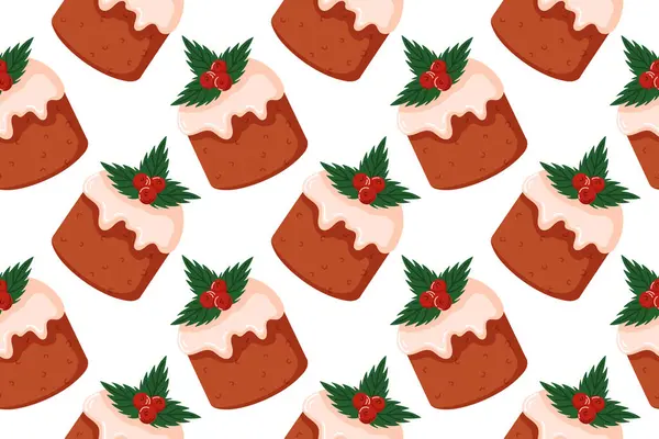 Üzerinde beyaz krema, kutsal yapraklar ve çizgi film tarzında kırmızı böğürtlenler olan kusursuz bir Noel pastası. Mutfak tasarımı, tebrik kartı veya mutfak menüsü için ideal