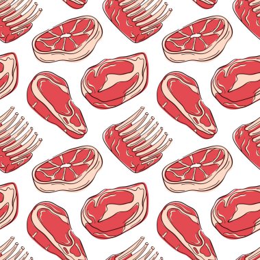 Düz şekilli çiğ et, biftek, pirzola ve kuzu eti arkaplanı. Gıda ambalajı, mutfak dekorasyonu ya da kasap dükkanı duvar kağıdı tasarımı için ideal