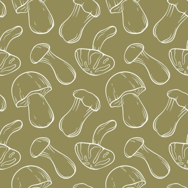 Yeşil arka planda çizgi mantarlı kusursuz desen. Teslimat için Boletus, Trompet, Shiitake illüstrasyonu, mutfak tekstili veya sonbahar tasarımı.