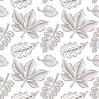 Sonbahar orman yaprakları sanat tarzında pürüzsüz desenler. Kestane, akasya, meşe ağacı, huş ağacı arka plan tasarımı selamlama, davet, ambalaj kağıdı, tekstil