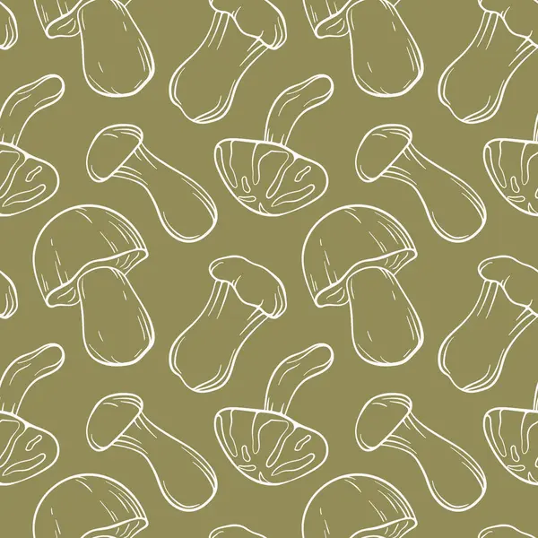 Yeşil arka planda çizgi mantarlı kusursuz desen. Teslimat için Boletus, Trompet, Shiitake illüstrasyonu, mutfak tekstili veya sonbahar tasarımı.