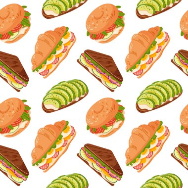 Avokado tostlu, sandviçli, simitli, kruvasanlı kusursuz bir desen. Beyaz arka planda yemek tasarımı, kafe menüsü, restoran dekorasyonu ve yemek paketi için mükemmel.